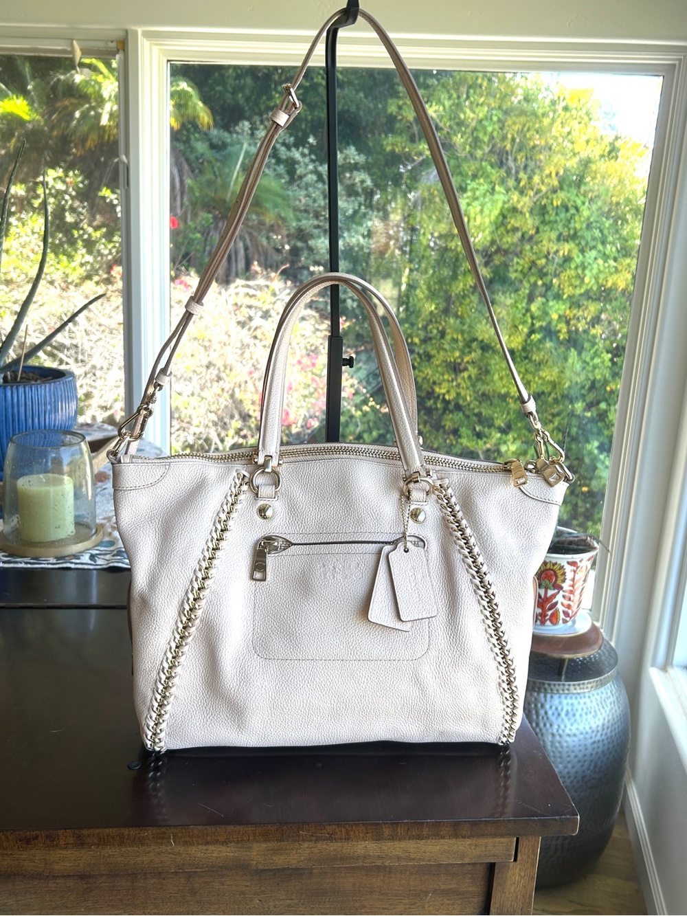 Coach Whiplash Leather Prairie Satchel in Chalk White Gold Chain Style F34339